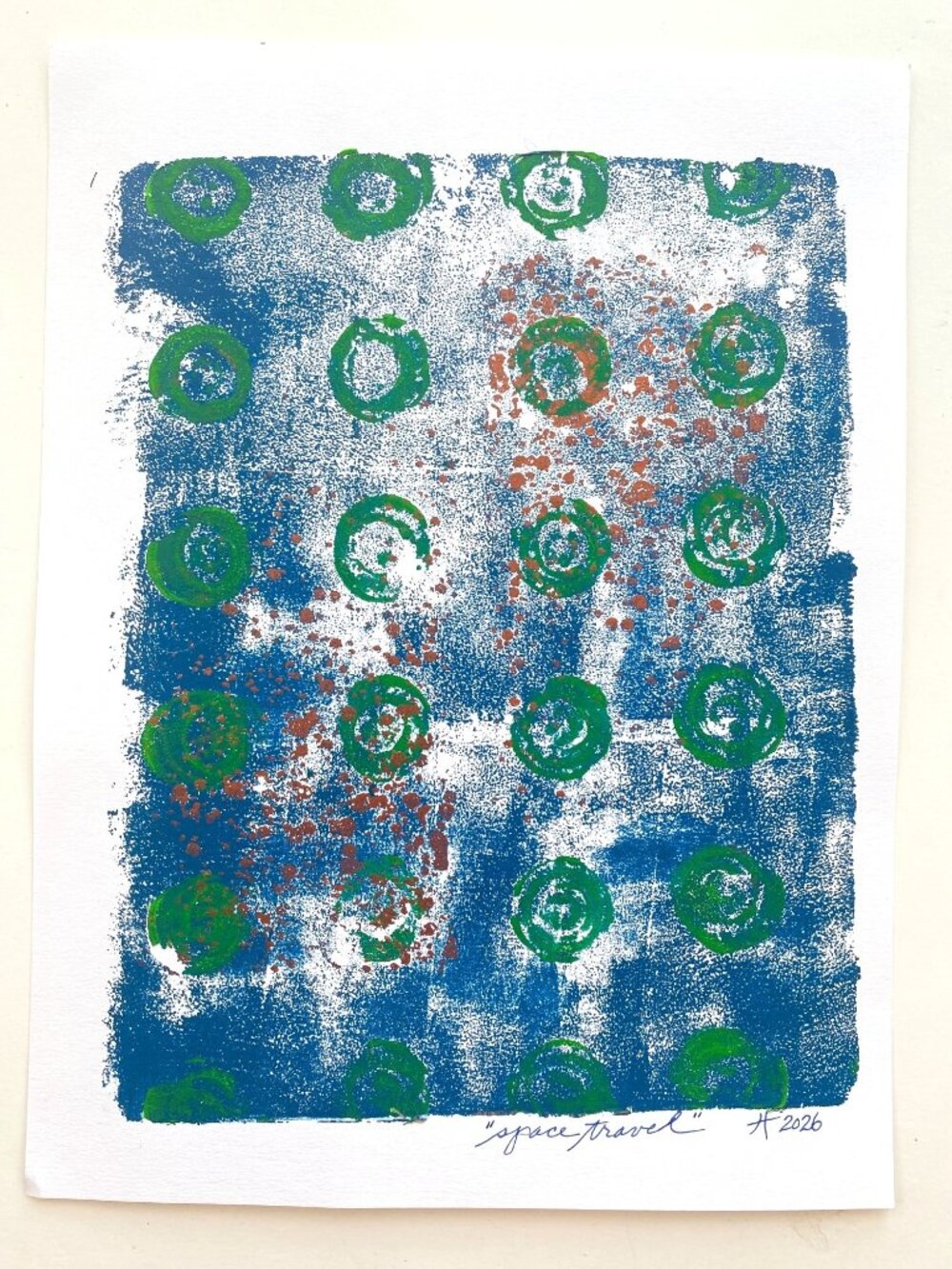 Space Travel Original Art Monotype Acrylic Painting 11x14in Matted Frame Ready